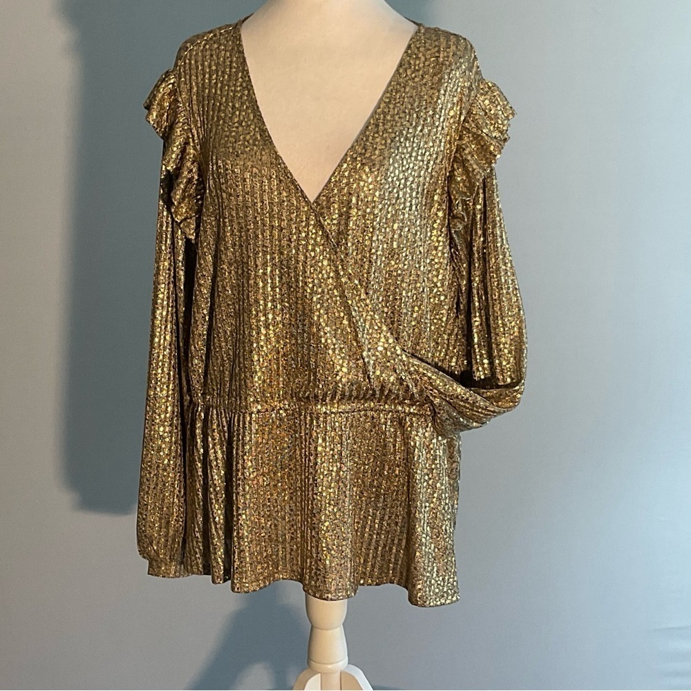 Belldini 2X Metallic Gold Long Sleeve Ruffled Shoulder Drop Waist Party Blouse